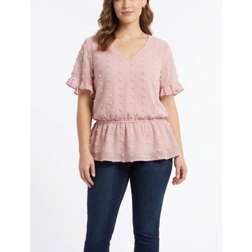 SO Brand Peach Dot Peplum V-Neck Blouse XXL, Flutter Sleeve, Office Or Date Nite